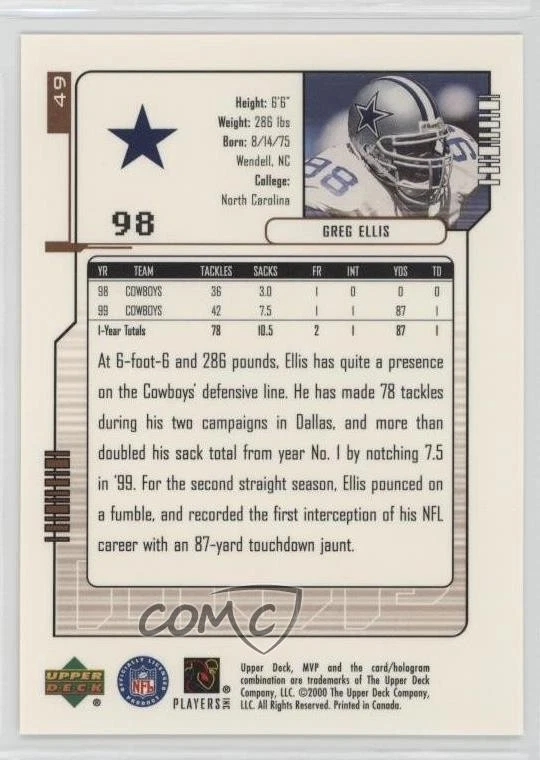 2000 Upper Deck MVP Greg Ellis #49 - Image 2 of 2