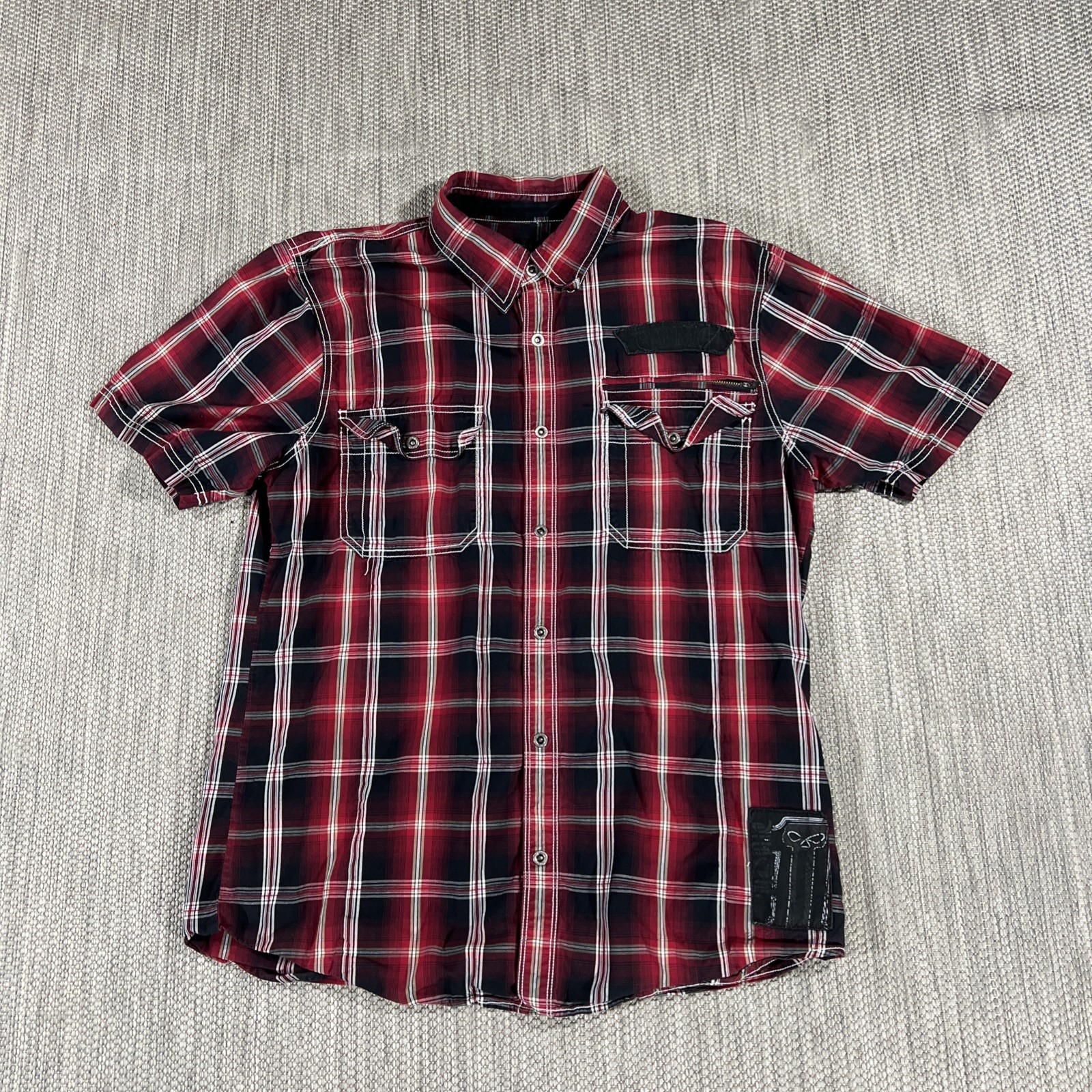 Harley Davidson Men XL Short Sleeve Shirt Black Gray Red Motorcycle Button Up