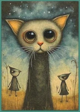 ACEO 2.5x3.5 watercolor painting - cat kitten birds whimsical fantasy surreal