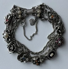 Vintage Victorian Revival Style Silver Tone Slide Charm Bracelet 7 inch Ladies