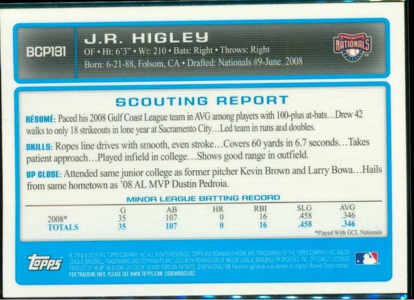 2009 Baseball Card Bowman Chrome Prospects BCP131 JR HIGLEY Washington Nationals - Image 2 of 2