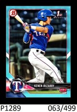 1-2018 BOWMAN DRAFT SKY BLUE PARALLEL KENEN IRIZARRY RANGERS 063/499
