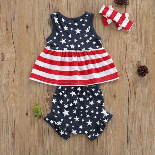 Newborn Baby Girls 3PCS 4th of July Outfit Tank Top Ruffle Shorts Headband - Picture 9 of 9