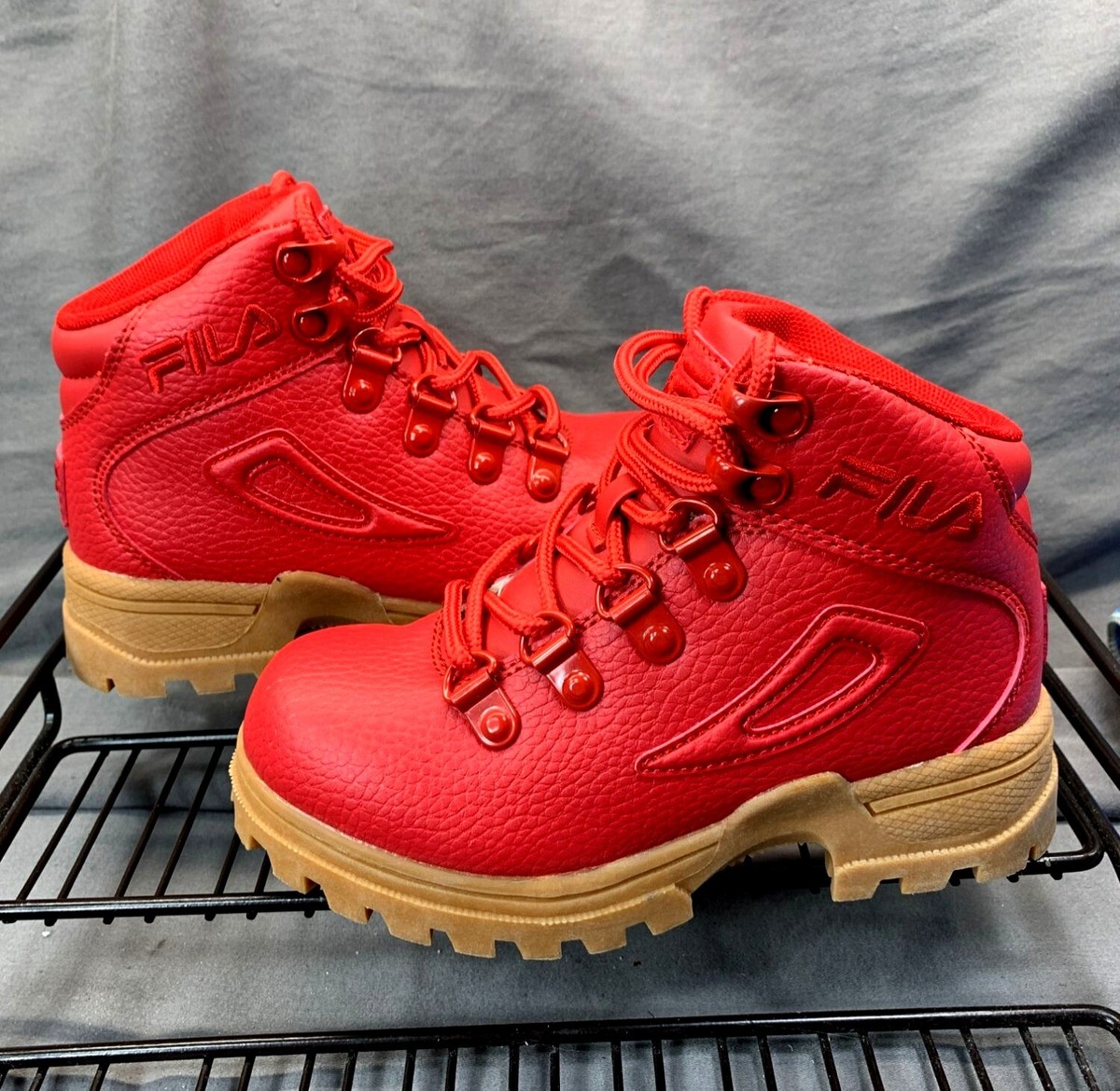 NEW FILA Boy's Faux-Leather Diviner MC7 Red/Gum Hiking Boots (3HM00555-936)  Sz