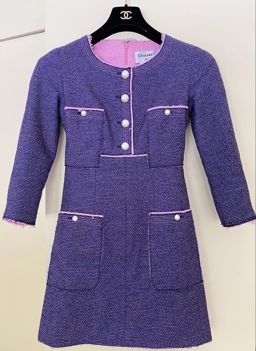 CHANEL classic tweed cotton blend pink purple pearl CC button mini dress  FR34