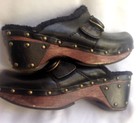 Black Stud Clogs Leather Shoe Faux Fur Brass Nailhead Buckle Boho Slide On Heel — photo 9