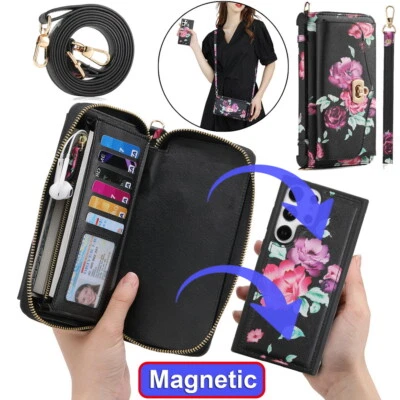 Flowery Wallet Removable Magnetic Case Cover For Samsung S22 S23 S24 Floral - Image 1 of 4