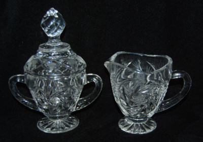 Vintage Crystal Hand Cut Glass Lidded Sugar Bowl and Creamer Set Elegant Dining