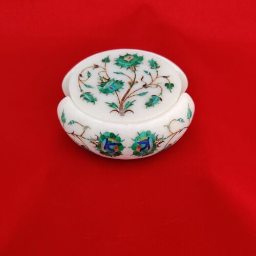Marble White Tea Coffee Coaster Set Rare Hakik Gem Mosaic Inlay Table Decor - Picture 1 of 5