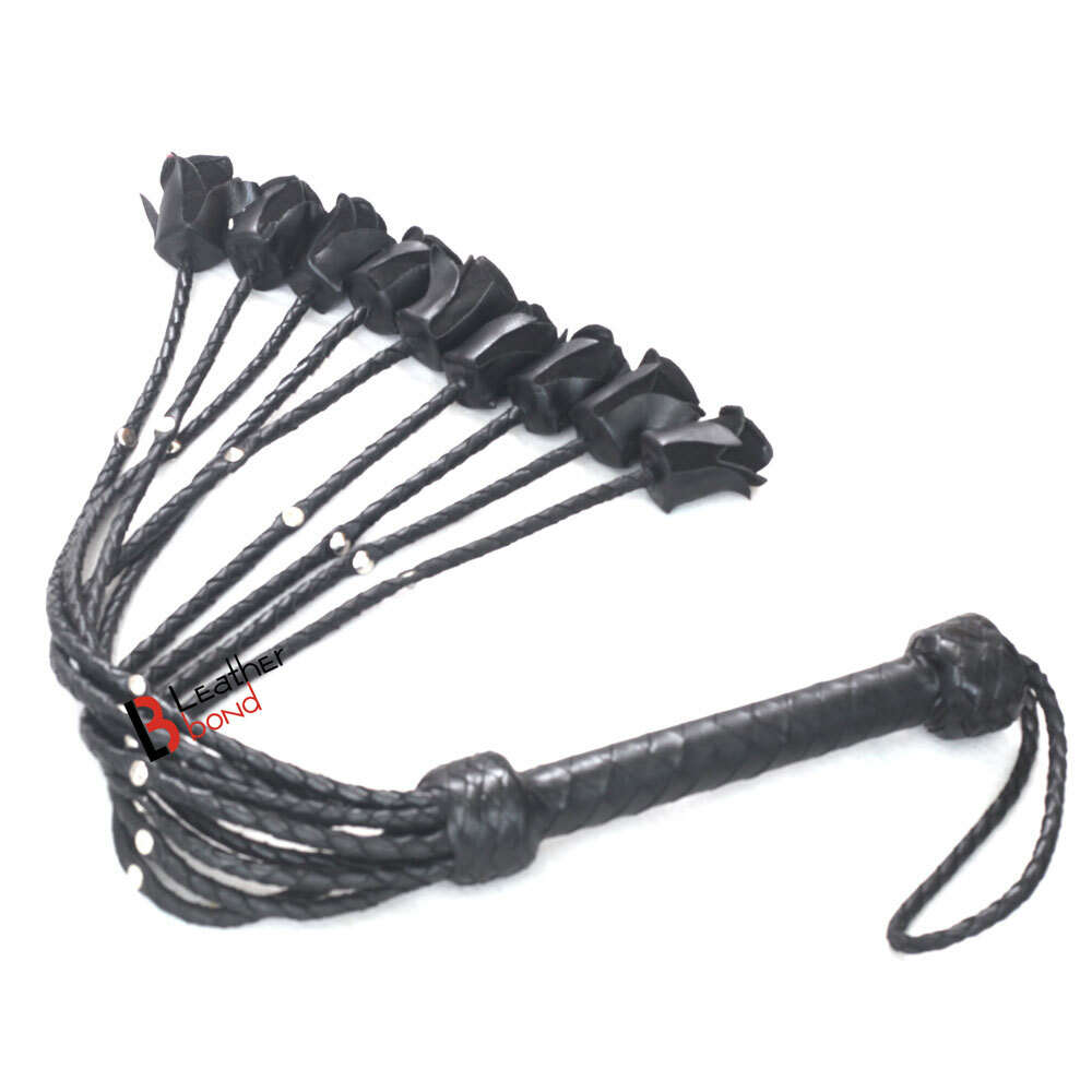 Flogger En Cuir Véritable Fait Main – 6 Lanières Tressées Avec Roses – Noir