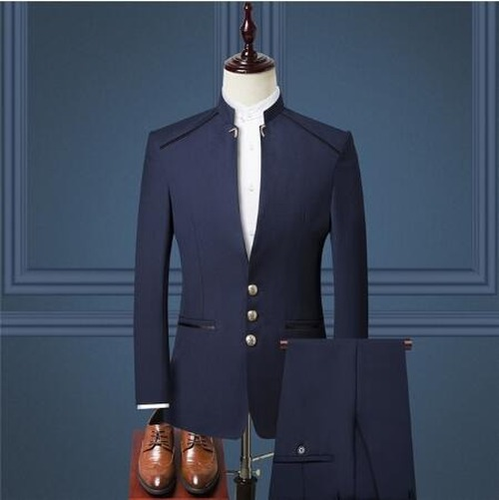 Men Stand Collar Chinese Style Slim Suit Set Zhong Shan Blazer Coat Pants 2Pcs - Picture 9 of 12