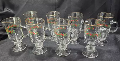 8 Libbey Holly Berry Ribbon Christmas Glass Irish Coffee Cups Mugs 8oz Gold Rim
