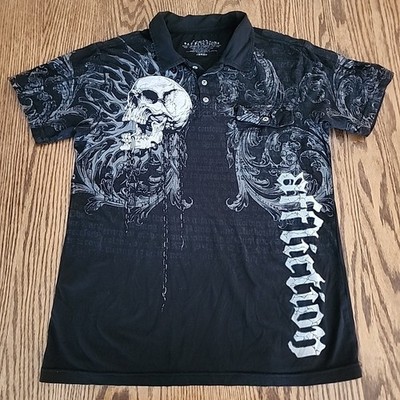 Affliction Collapse Men's Polo Shirt Black Skull & Chains 100% Cotton Size Large