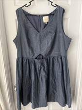Modcloth The Fun Has Begun Chambray Denim Polka Dot Cut Out Flare Dress Size 2X