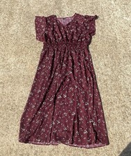 SheIn Floral Ruffle A-Line Midi Dress XXL Burgundy White V-Neck Flutter Sleeve
