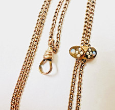 Victorian 46 In Ladies Gold Filled Watch or Muff Chain With Opal Slide Necklace