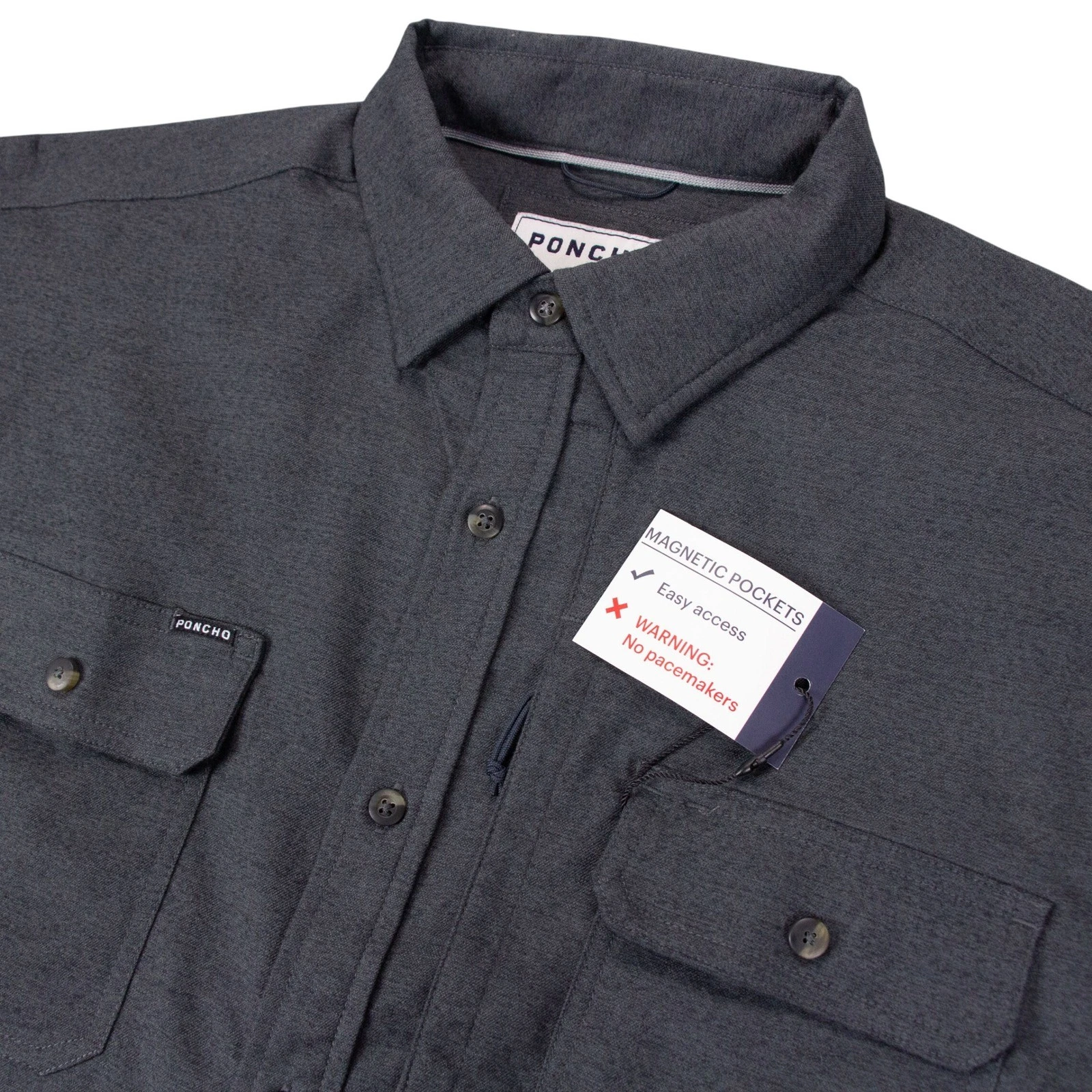 NWT Poncho Nighthawk Flannel Shirt Mens L Gray Regular Fit Magnetic Pockets