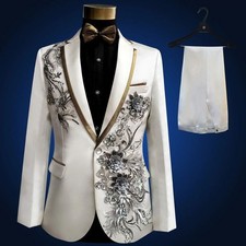 Ivory Blazer With Black Floral Embroidery And Gold Trim Tailored Formal Jacket