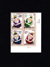 USPS Santa Ornaments Block of 4 Stamps Plate block right 37¢ MNH 2004 #3883-3886