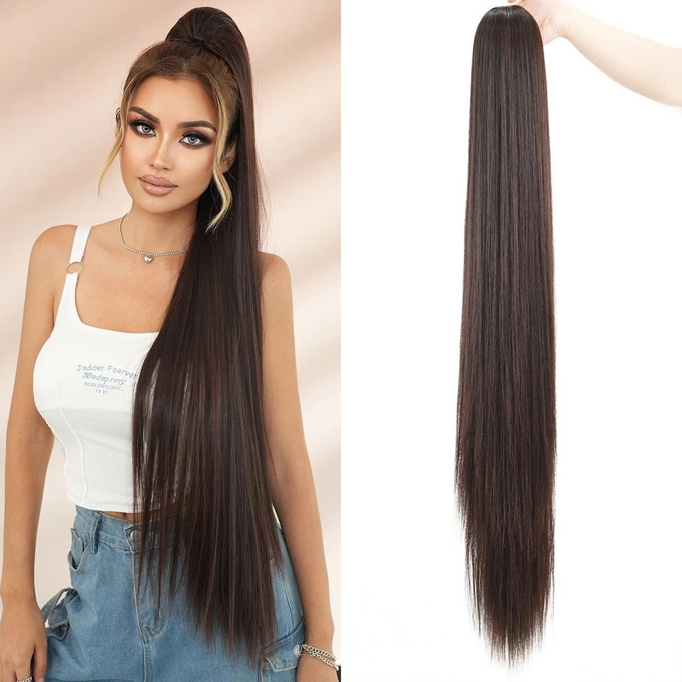 Extra Long Straight Drawstring Ponytail Sleek Synthetic Hair Extension Net Base - Image 3 of 4