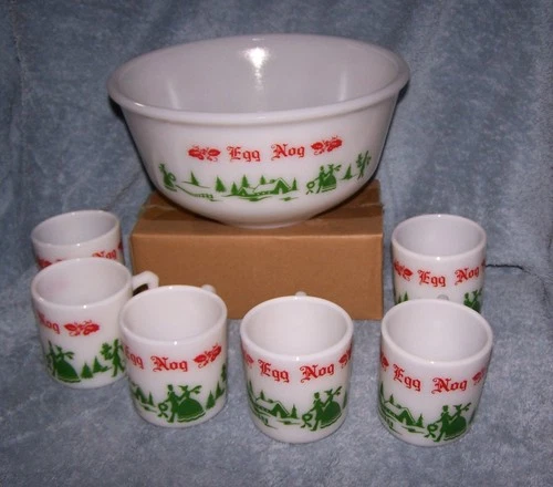Vintage HAZEL ATLAS Milk Glass "Victorian Scene" Egg Nog Bowl and  Six Mug Set