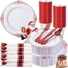 175PCS Red Plastic Plates - White Red Plastic Dinnerware Sets for 25 Guests -...