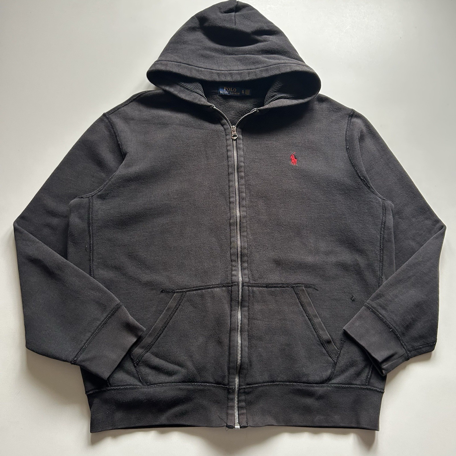 Polo Ralph Lauren Full Zip Hoodie Men's XL Faded Black Pony Thermal Hood Rare