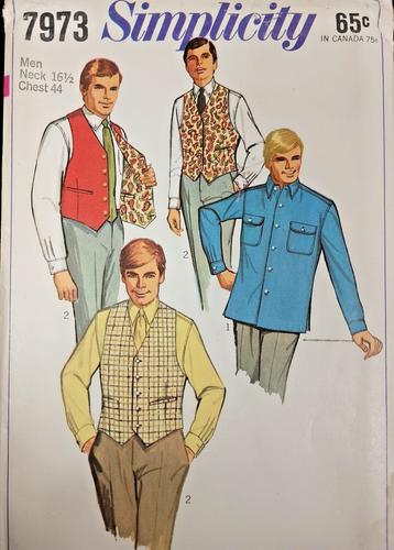 Camisa y chaleco para hombre Simplicity 7973 talla 44 nuevo patrón de costura 1968 - Imagen 2 de 5