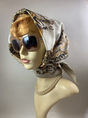 Vintage 1960s Polyester Scarf Beige Gold White Chain & Scroll Pattern 35 Inches - Picture 5 of 19