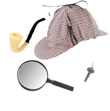 Sherlock Holmes Detective Hat, Pipe, Key  Magnifying Glass Costume 4 Pc Set