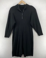 Sweater Dress M Sheath Ribbed Mock Neck Shoulder Pads Back Button Black
