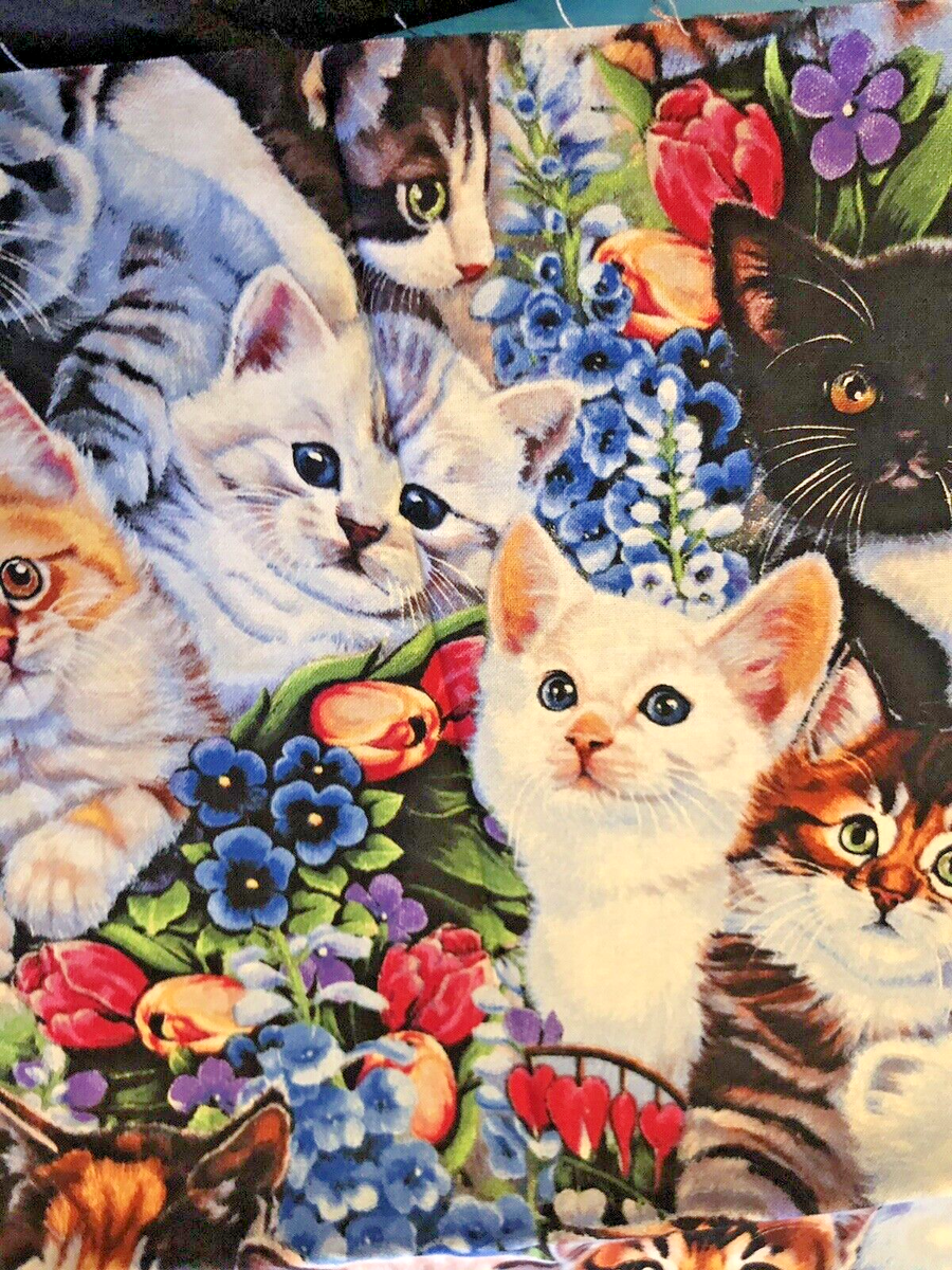 Curious Kittens Flowers Cat in the Garden Jenny Newland David Textile  Remnant