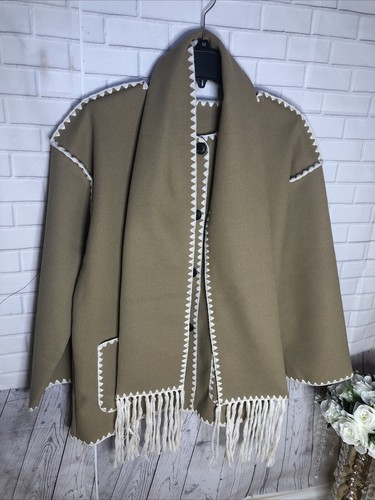 Commense Chaqueta Para Mujer Con Borde en Contraste Bolsillos De Gran Tamaño Beige Bufanda Talla M Nueva - Imagen 8 de 10