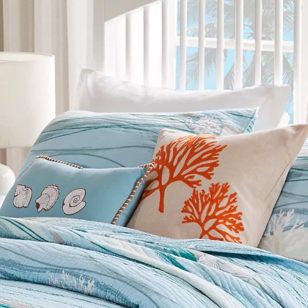 OCEAN BLUE 2pc PILLOW SET EMBROIDERED CORAL SEA SHELL MAUI BEACH