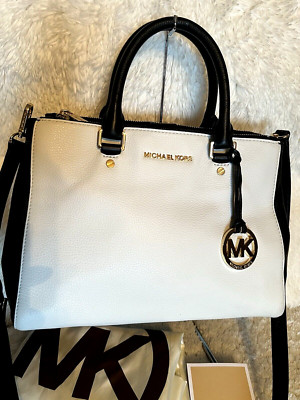 MICHAEL Michael Kors Sutton Medium PABBLE Leather Satchel, WHITE/ Black RARE