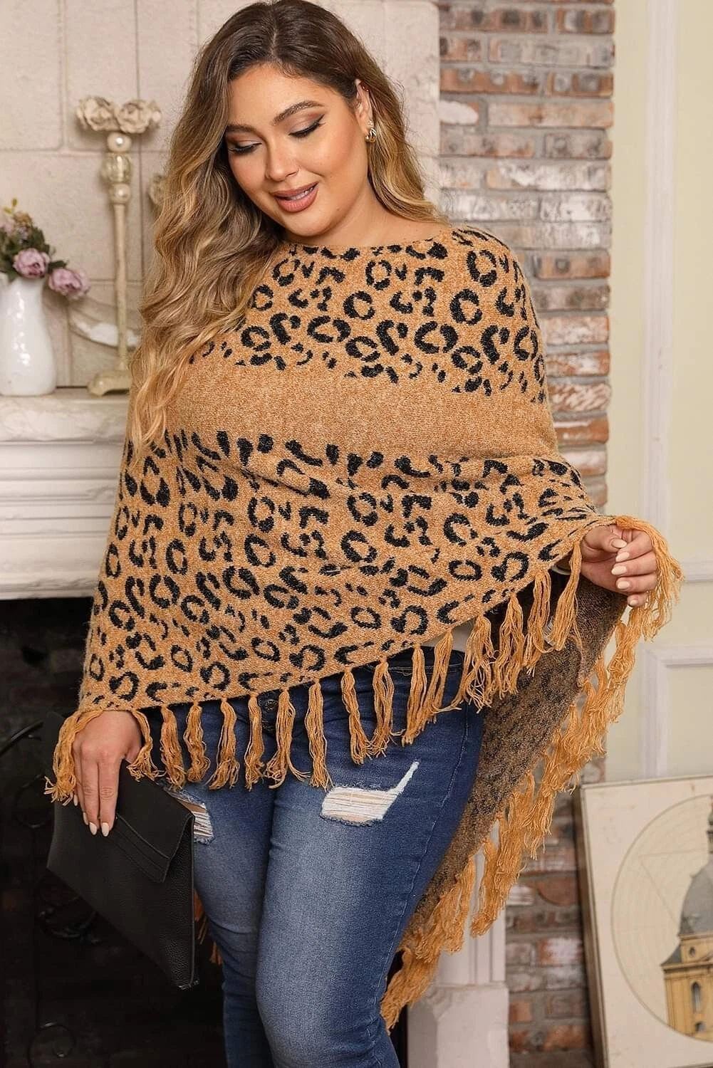 NEW WITH TAGS One Size Fits Most Leopard Animal Print Sweater Fringed Poncho