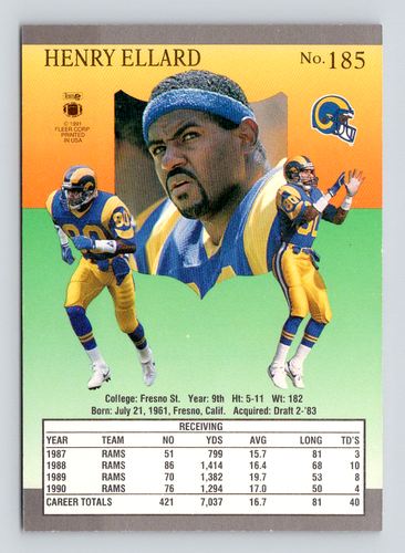 1991 Fleer Ultra Card, #185 Henry Ellard, Los Angeles Rams - Picture 2 of 3