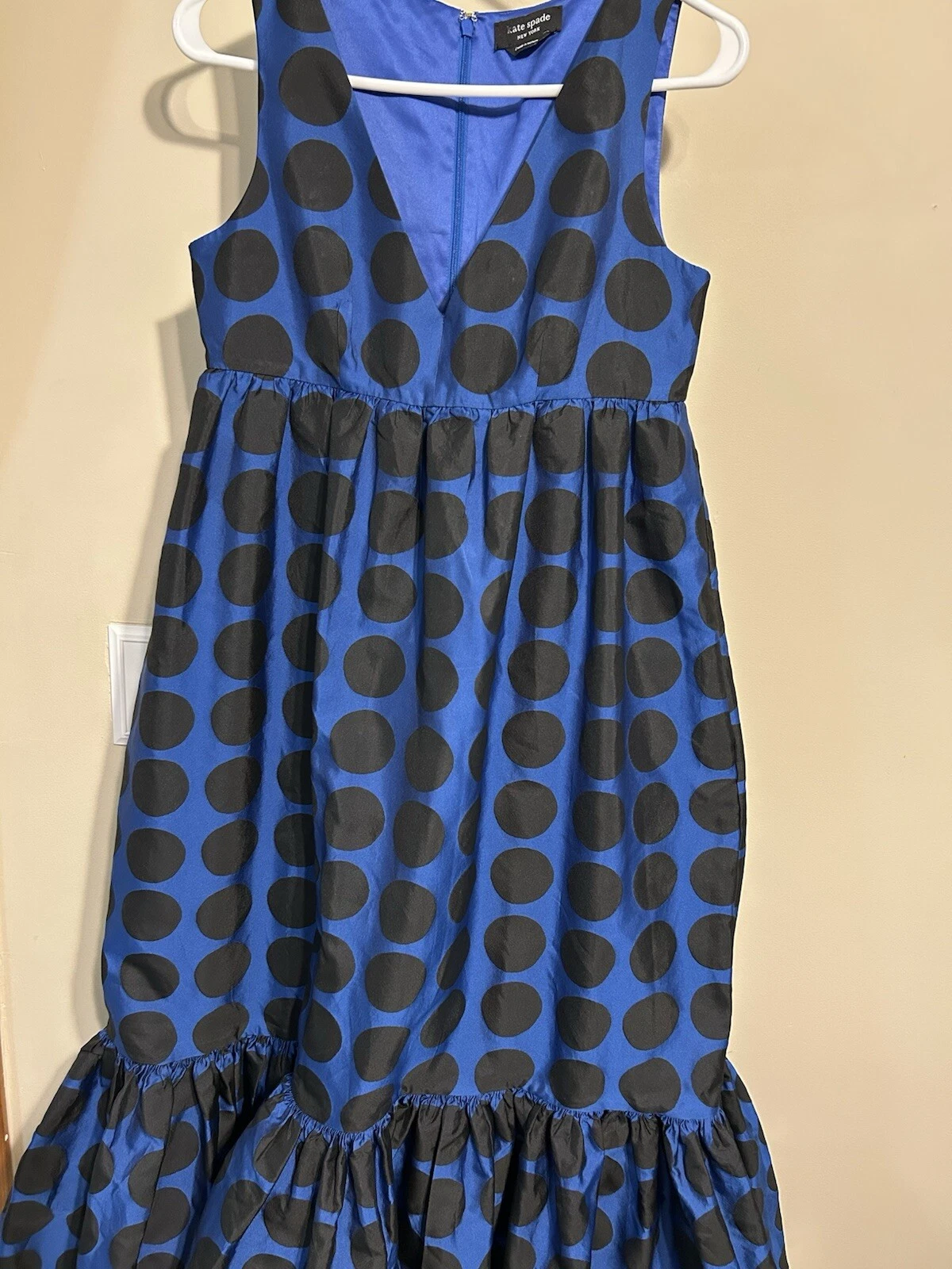 Mini abito Kate Spade scollo a V senza maniche a pois artistico nero blu taglia 4