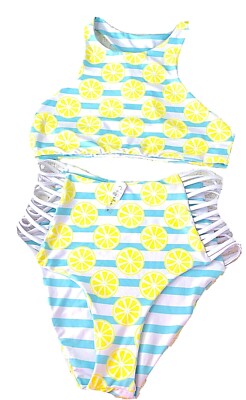 Cup She Size S Teal White Stripe Lemon Slice Two Piece Tankini High Thigh Swim 