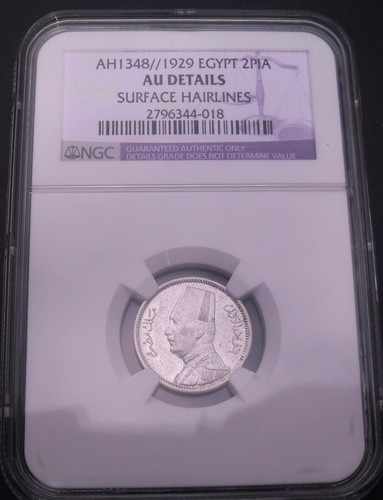 AH 1348/1929 BP Egypt 2 Piastre , NGC AU details , nice silver coin # 1510 - Picture 2 of 4