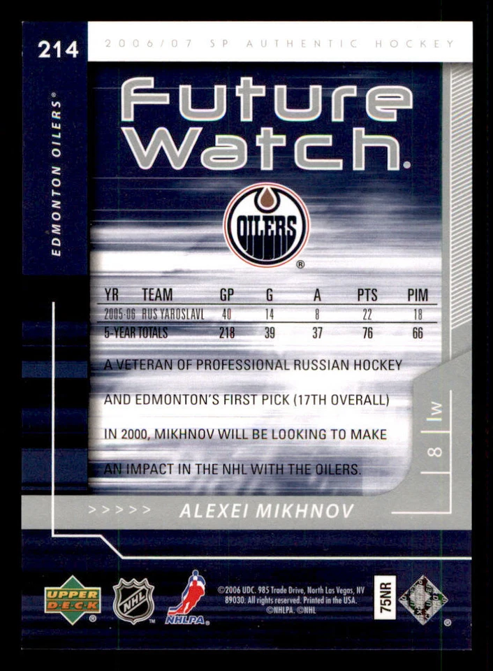 2006-07 SP Authentic #214 Alexei Mikhnov RC /999 (ref 240109) - Image 2 of 2
