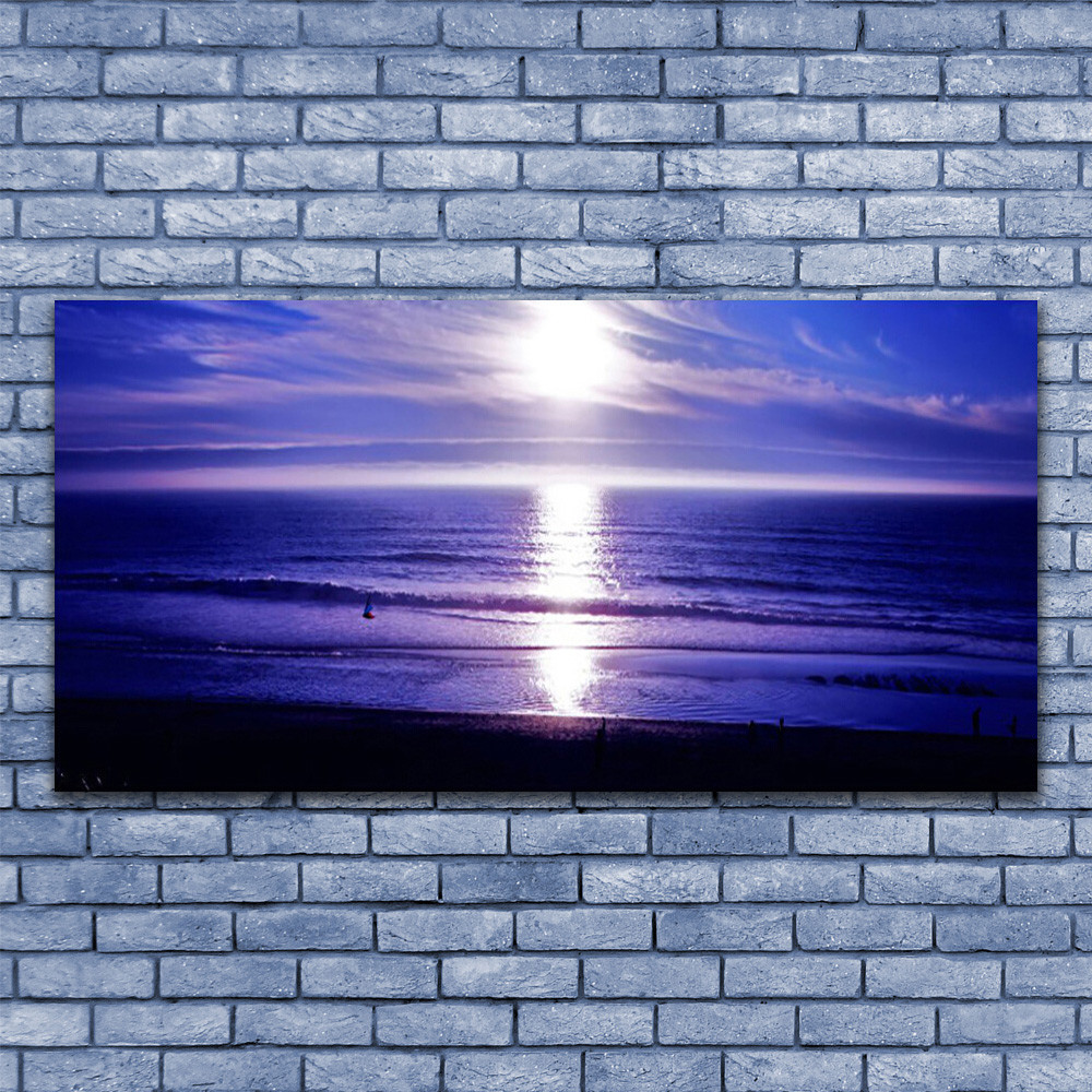 Tableau sous verre 140x70 paysage de mer et soleil éclatant bleu et or