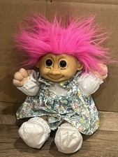 Vtg Russ Berrie 11" Troll Plush Soft Body Girl Doll Floral Dress Pink Hair