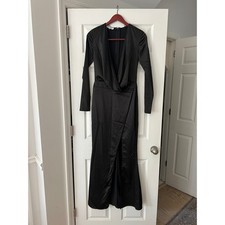 House of CB London Black Satin Draped Deep V-Neck Long Sleeve Maxi Dress Small