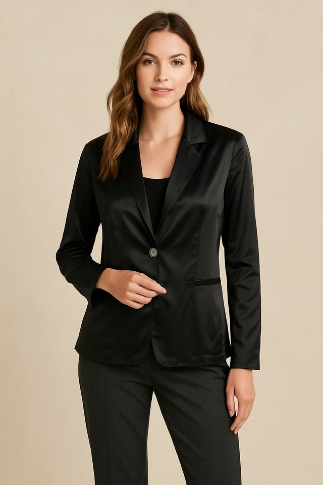 Chaqueta Blazer XCVI Negra Satinada Talla S Botón Delantero Manga Larga Minimalista Foto 2 de 4