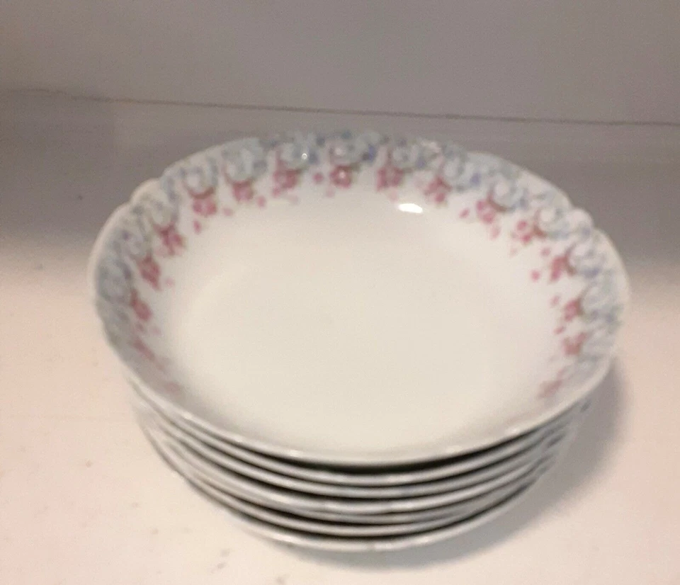 7 cuencos de sopa antiguos raros Jean Pouyat Limoges cupé azul rosa floral casa de campo Foto 4 de 4