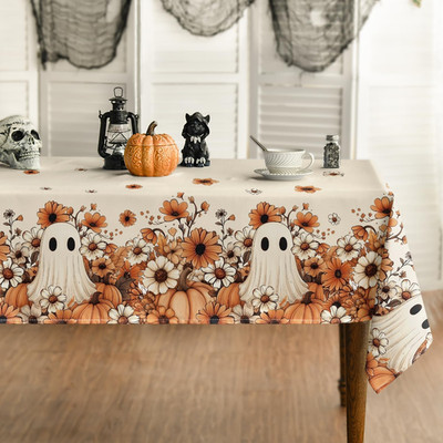 Halloween Tablecloth 60 X 84 Inch Rectangular Ghost Flower | Orange Pumpkin Seas