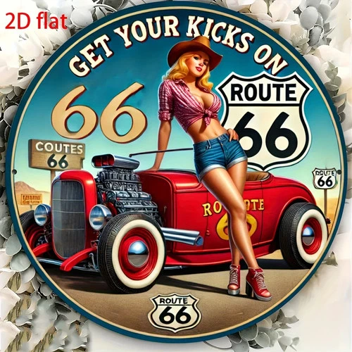 Vintage Route 66 Round Wall Retro Tin Metal Signs Home Décor Circle Plaques with