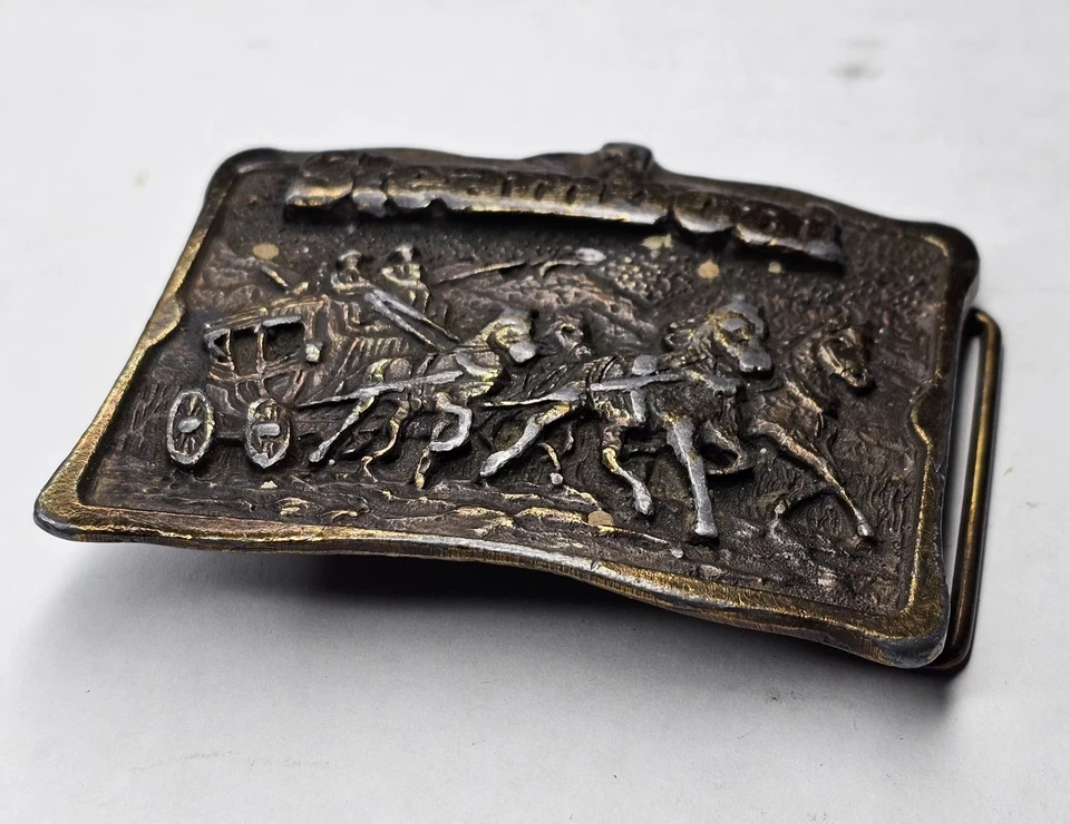 Hebilla de cinturón de latón vintage 1978 HPI Denver Colorado “Steamboat” - diligencia oeste Foto 3 de 4