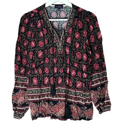 Artesia Boho Chic Blouse Small Floral Print Tassels Lace Up Hippie Festival